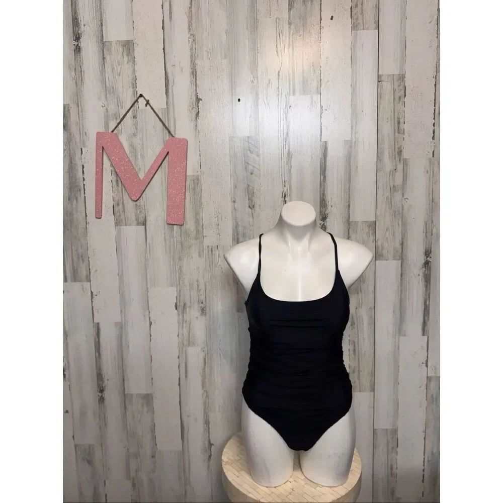 Black Ruched One Piece Swimsuit Size Medium Criss Cross Back Adjustable Straps N